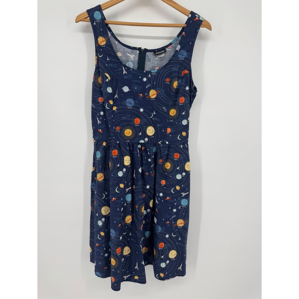Retrolicious Solar System Planet Print Dress Navy Blue Cotton USA Womens Large